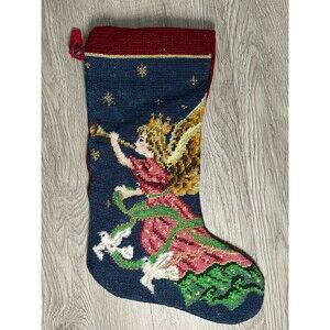 Vintage Needlepoint Stocking Christmas Angel With Doves 14”